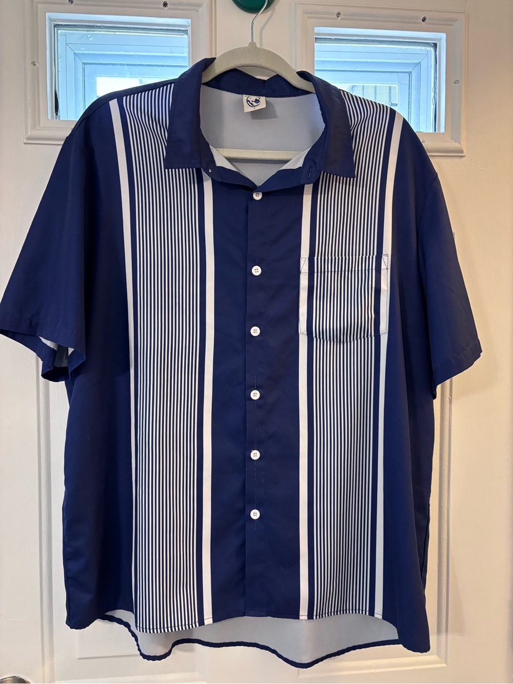 Relaxed Short-Sleeve Button-Down Shirt in Navy Blue with White Stripes
